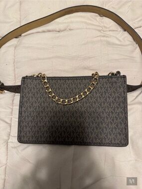 Michael Kors Brown Logo-Print Belt Bag with Gold Chain